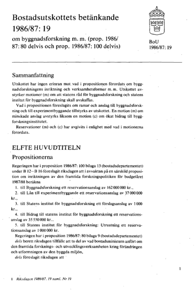 Omslaget till bet. 1986/87:BoU19
