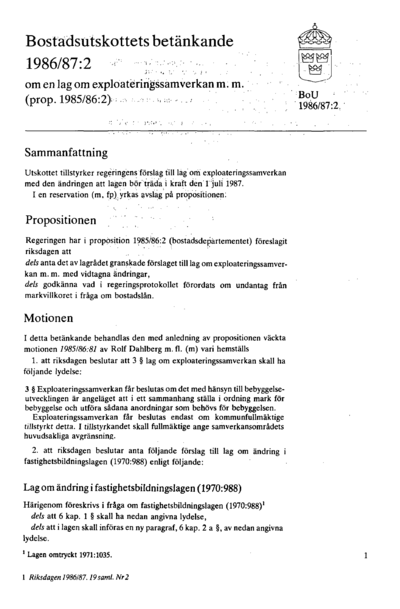 Omslaget till bet. 1986/87:BoU2