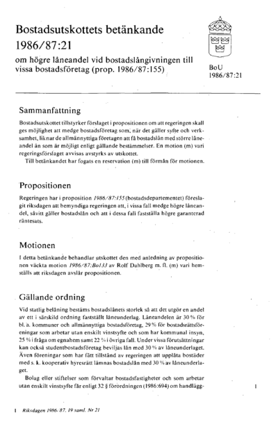 Omslaget till bet. 1986/87:BoU21