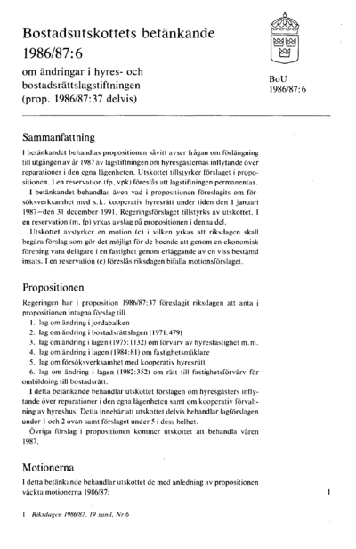 Omslaget till bet. 1986/87:BoU6