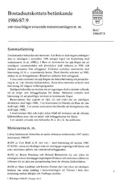 Omslaget till bet. 1986/87:BoU9
