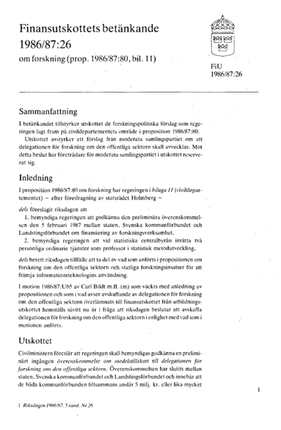 Omslaget till bet. 1986/87:FiU26