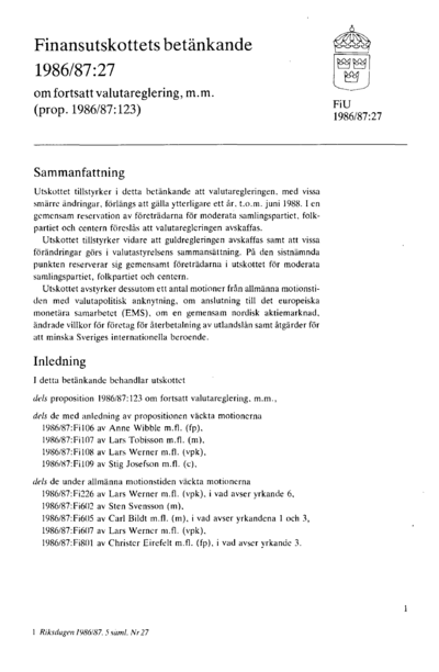 Omslaget till bet. 1986/87:FiU27