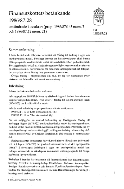 Omslaget till bet. 1986/87:FiU28