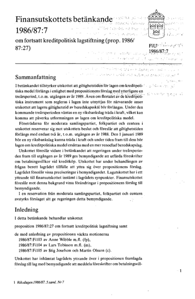 Omslaget till bet. 1986/87:FiU7