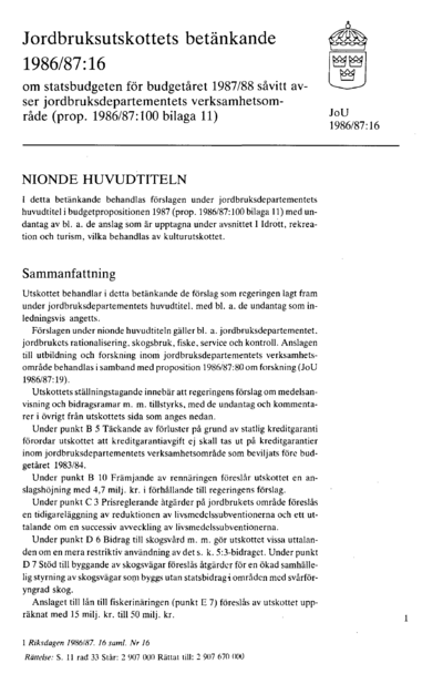 Omslaget till bet. 1986/87:JoU16