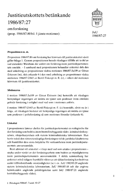 Omslaget till bet. 1986/87:JuU27