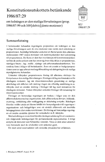 Omslaget till bet. 1986/87:KU29