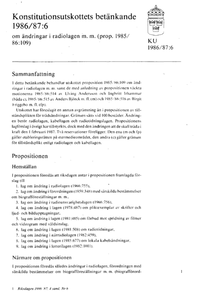 Omslaget till bet. 1986/87:KU6