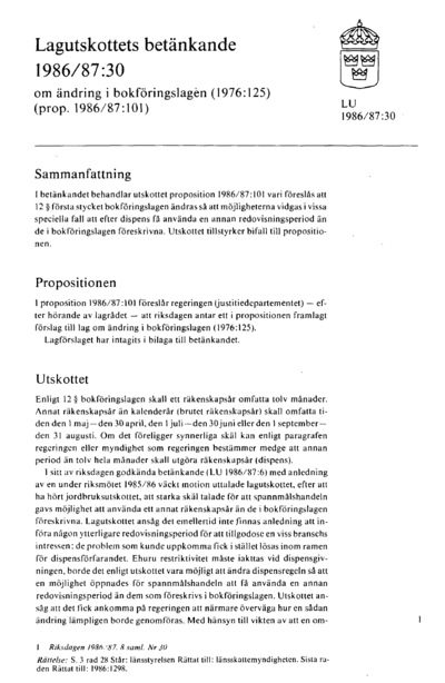 Omslaget till bet. 1986/87:LU30