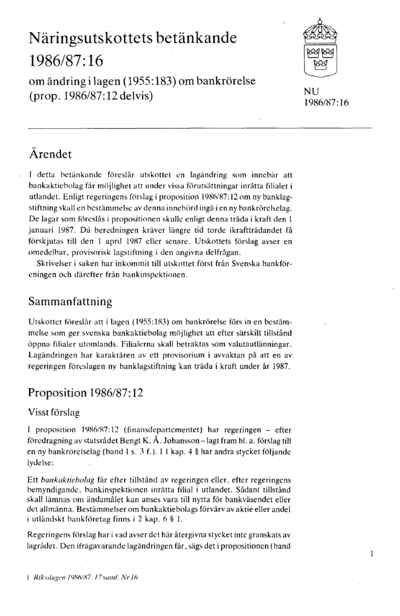 Omslaget till bet. 1986/87:NU16