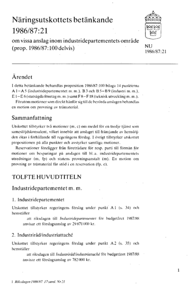 Omslaget till bet. 1986/87:NU21