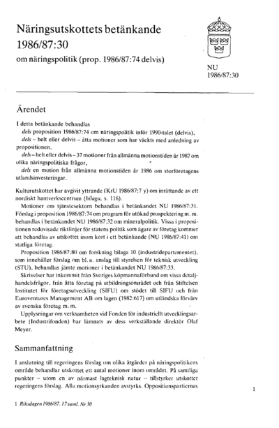 Omslaget till bet. 1986/87:NU30