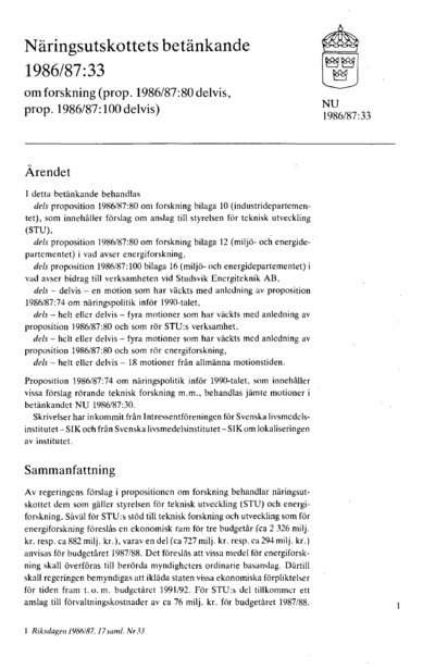 Omslaget till bet. 1986/87:NU33