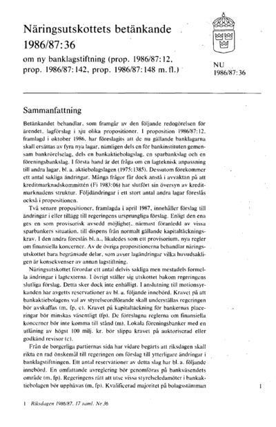Omslaget till bet. 1986/87:NU36