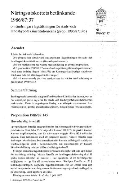Omslaget till bet. 1986/87:NU37