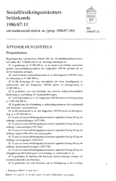Omslaget till bet. 1986/87:SfU11