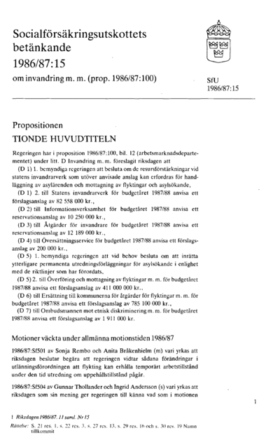 Omslaget till bet. 1986/87:SfU15