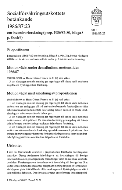 Omslaget till bet. 1986/87:SfU23