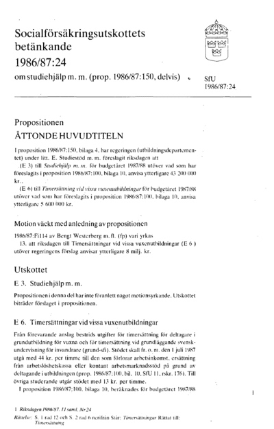 Omslaget till bet. 1986/87:SfU24