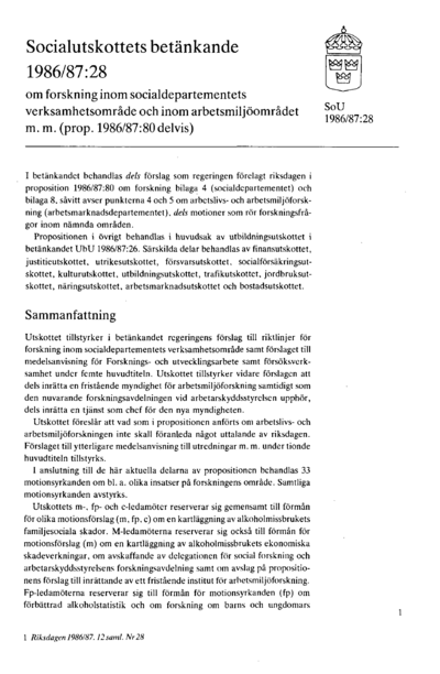 Omslaget till bet. 1986/87:SoU28