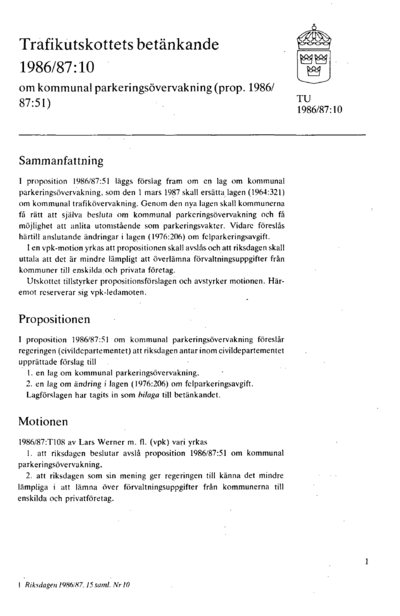 Omslaget till bet. 1986/87:TU10