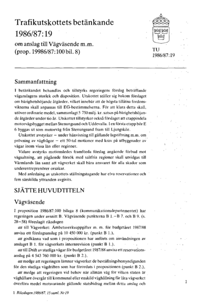 Omslaget till bet. 1986/87:TU19