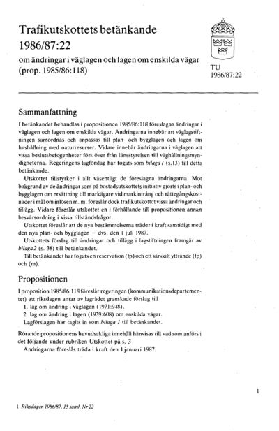 Omslaget till bet. 1986/87:TU22