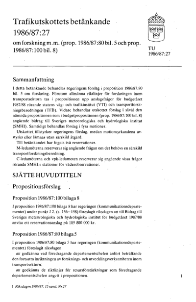 Omslaget till bet. 1986/87:TU27