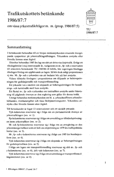 Omslaget till bet. 1986/87:TU7