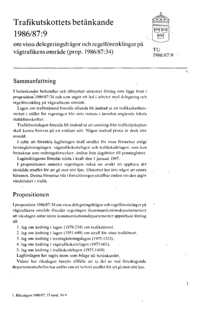 Omslaget till bet. 1986/87:TU9