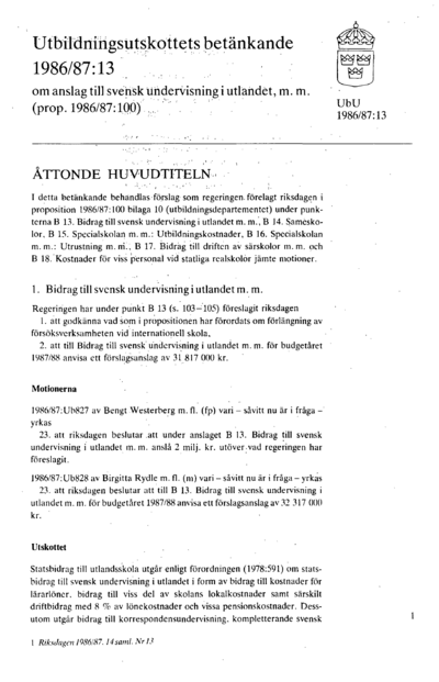Omslaget till bet. 1986/87:UbU13