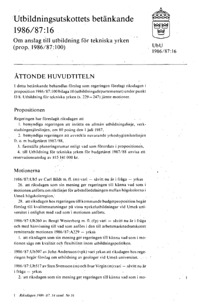 Omslaget till bet. 1986/87:UbU16