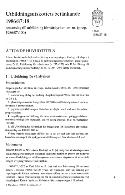 Omslaget till bet. 1986/87:UbU18