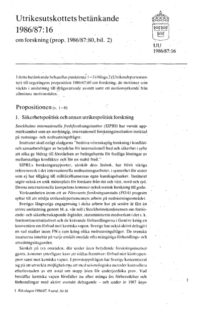 Omslaget till bet. 1986/87:UU16