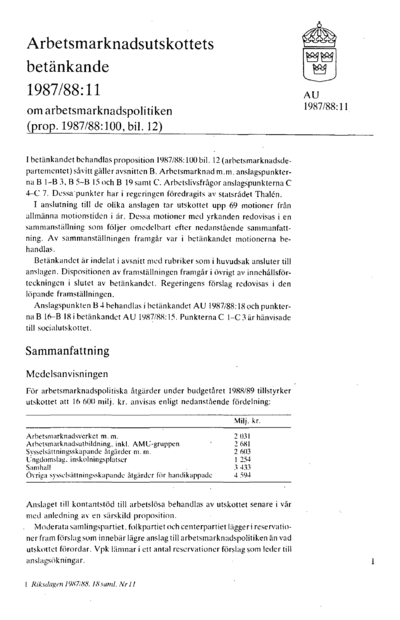 Omslaget till bet. 1987/88:AU11