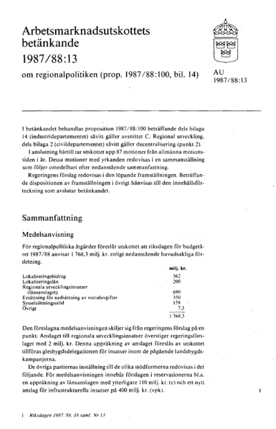 Omslaget till bet. 1987/88:AU13