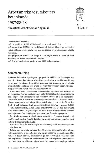 Omslaget till bet. 1987/88:AU18