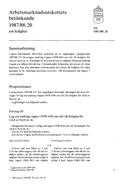 Omslaget till bet. 1987/88:AU20