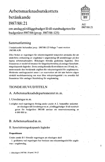 Omslaget till bet. 1987/88:AU21