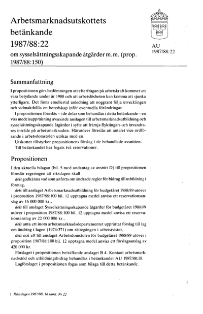 Omslaget till bet. 1987/88:AU22