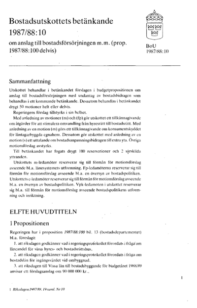 Omslaget till bet. 1987/88:BoU10