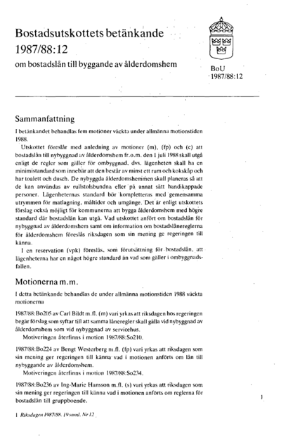 Omslaget till bet. 1987/88:BoU12