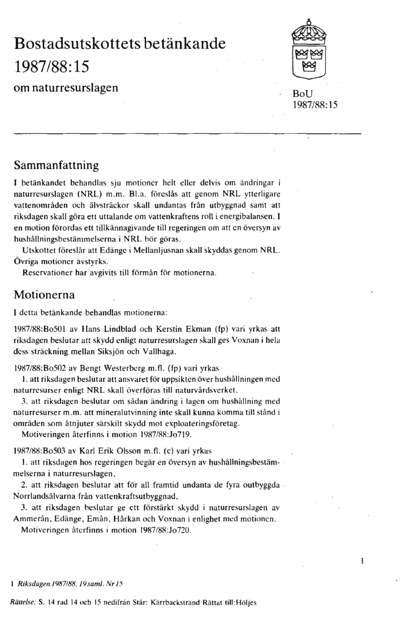 Omslaget till bet. 1987/88:BoU15