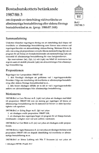 Omslaget till bet. 1987/88:BoU3