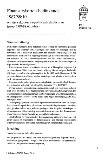 Omslaget till bet. 1987/88:FiU10