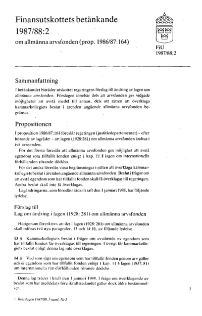 Omslaget till bet. 1987/88:FiU2