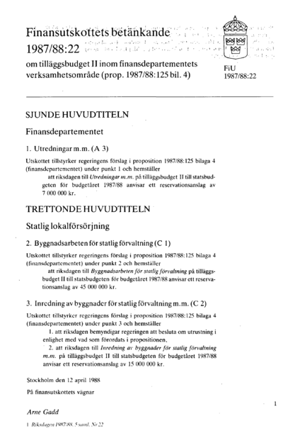Omslaget till bet. 1987/88:FiU22