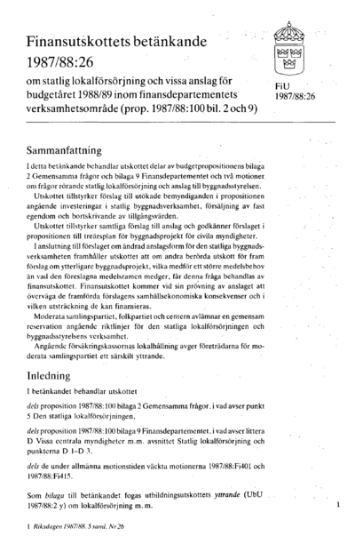 Omslaget till bet. 1987/88:FiU26