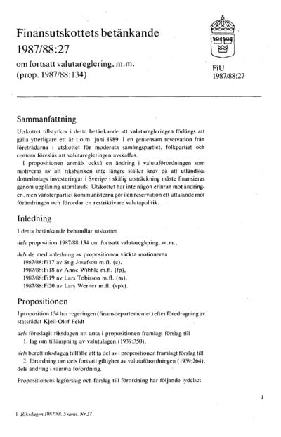 Omslaget till bet. 1987/88:FiU27